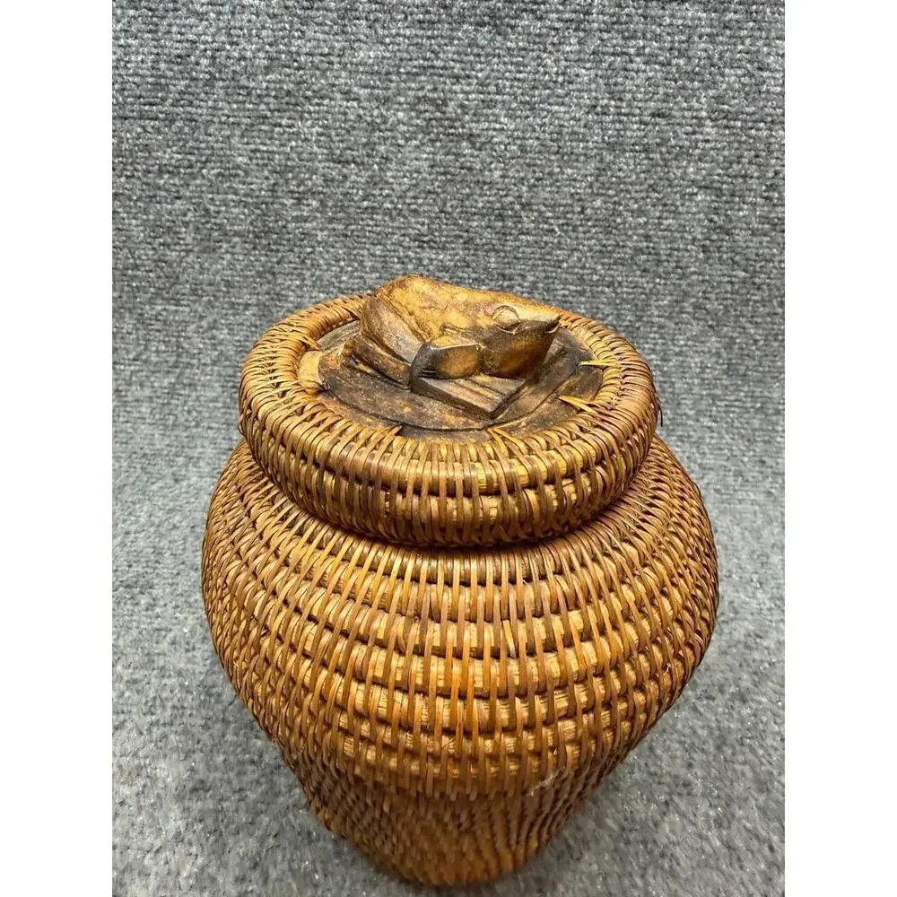 Vintage Rattan Wicker Lidded Jar Basket Made in Indonesia